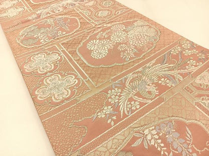 平和屋着物◎六通柄袋帯　唐織　格天井鳳凰花文　銀糸　正絹　逸品　BAAW9399hj