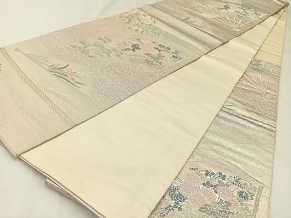 平和屋着物◎六通柄袋帯 唐織 扇面花文 銀糸 正絹 逸品 BAAW9400hj