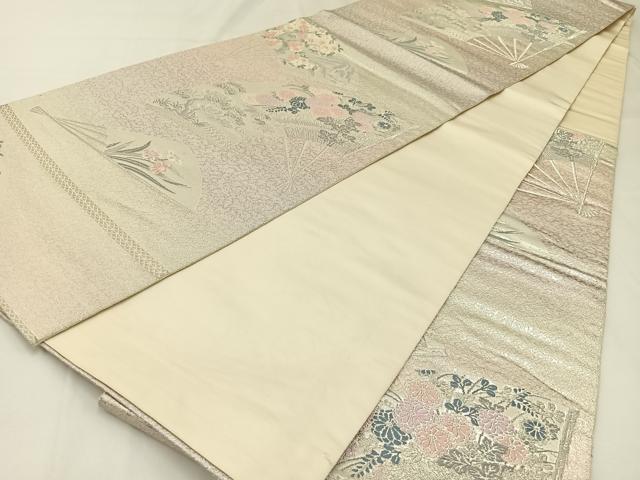 平和屋着物◎六通柄袋帯 唐織 扇面花文 銀糸 正絹 逸品 BAAW9400hj