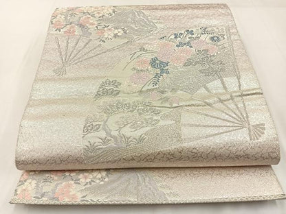 平和屋着物◎六通柄袋帯 唐織 扇面花文 銀糸 正絹 逸品 BAAW9400hj