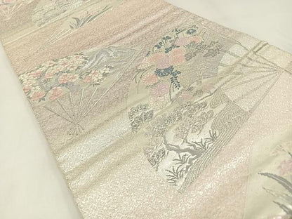 平和屋着物◎六通柄袋帯 唐織 扇面花文 銀糸 正絹 逸品 BAAW9400hj