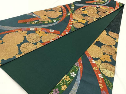 平和屋着物◎六通柄袋帯 唐織 熨斗菊花文 金糸 正絹 逸品 BAAW9401hj