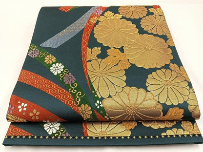 平和屋着物◎六通柄袋帯 唐織 熨斗菊花文 金糸 正絹 逸品 BAAW9401hj