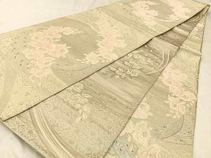 平和屋着物◎両面　全通柄袋帯　唐織　カトレア　銀糸　正絹　逸品　BAAW9404hj