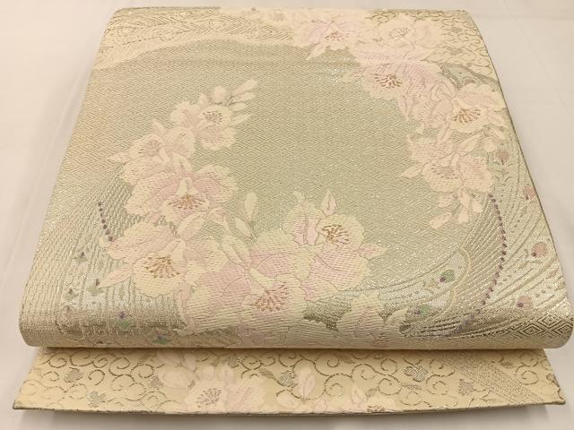 平和屋着物◎両面　全通柄袋帯　唐織　カトレア　銀糸　正絹　逸品　BAAW9404hj