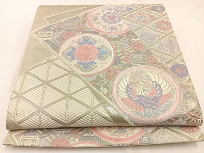 平和屋着物◎六通柄袋帯　唐織　飛鶴花丸文　銀糸　正絹　逸品　BAAW9410hj