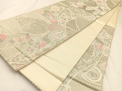 平和屋着物◎六通柄袋帯　唐織　束ね熨斗花文　銀糸　正絹　逸品　BAAW9412hj