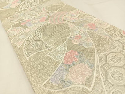 平和屋着物◎六通柄袋帯　唐織　束ね熨斗花文　銀糸　正絹　逸品　BAAW9412hj