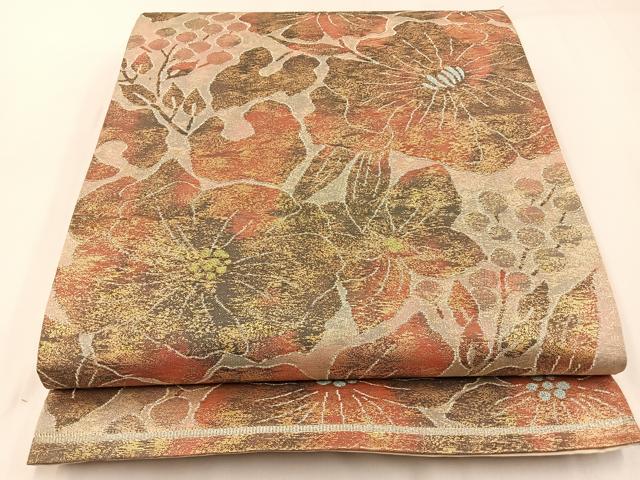 平和屋着物◎六通柄袋帯 草花文 金銀糸 引箔 正絹 逸品 BAAW9420hj