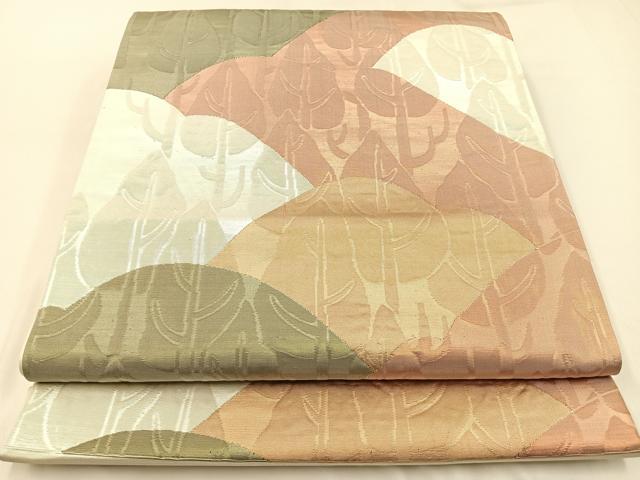平和屋着物◎六通柄袋帯 ふくれ織 樹林風景文 金糸 正絹 逸品 未使用 BAAW9421hj