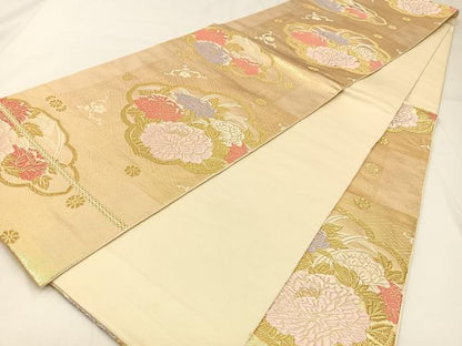 平和屋着物◎六通柄 本袋帯 唐織 格天井牡丹文 金糸 正絹 逸品 BAAW9430hj