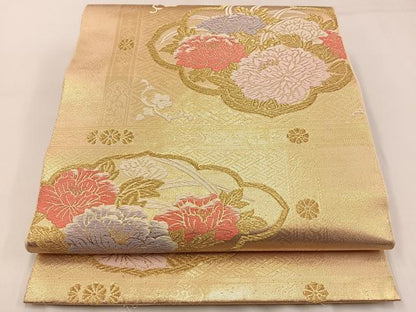 平和屋着物◎六通柄 本袋帯 唐織 格天井牡丹文 金糸 正絹 逸品 BAAW9430hj