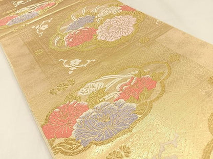 平和屋着物◎六通柄 本袋帯 唐織 格天井牡丹文 金糸 正絹 逸品 BAAW9430hj