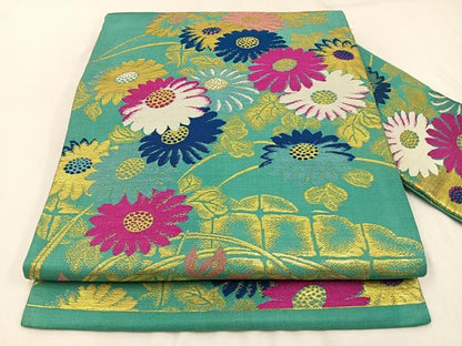 平和屋着物◎アンティーク 大正ロマン 九寸名古屋帯 菊 金糸 正絹 逸品 BAAW9432hj