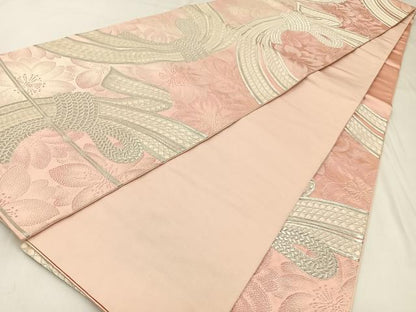 平和屋着物◎六通柄袋帯　唐織　束ね熨斗桜文　銀糸　正絹　逸品　BAAW9448hj