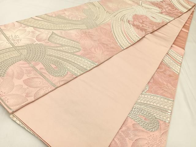 平和屋着物◎六通柄袋帯　唐織　束ね熨斗桜文　銀糸　正絹　逸品　BAAW9448hj