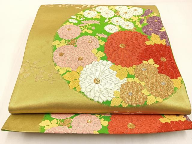 平和屋着物◎六通柄袋帯 唐織 菊 金糸 正絹 逸品 BAAW9453hj