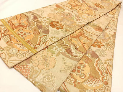 平和屋着物◎アンティーク　大正ロマン　丸帯　唐織　檜扇鼓花文　金糸　正絹　逸品　BAAW9457hj