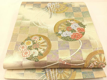 平和屋着物◎六通柄袋帯 唐織 源氏車花文 金糸 正絹 逸品 BAAW9461hj