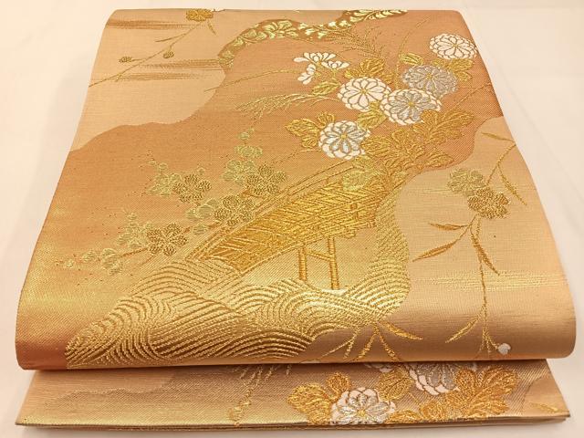 平和屋着物◎六通柄袋帯 唐織 渡橋花文 金銀糸 正絹 逸品 BAAW9462hj