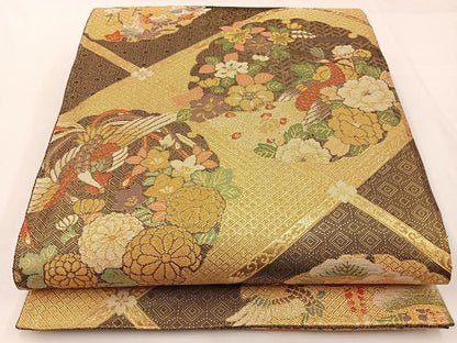 平和屋着物◎九百佐賀錦　六通柄袋帯　花鳥錦綾秀華　金糸　正絹　逸品　BAAW9465hj