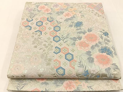 平和屋着物◎六通柄袋帯　唐織　亀甲花文　銀糸　正絹　逸品　BAAW9466hj