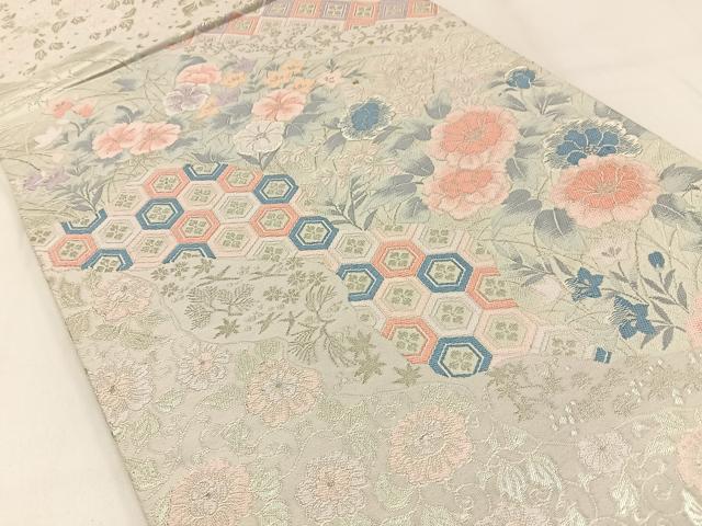 平和屋着物◎六通柄袋帯　唐織　亀甲花文　銀糸　正絹　逸品　BAAW9466hj