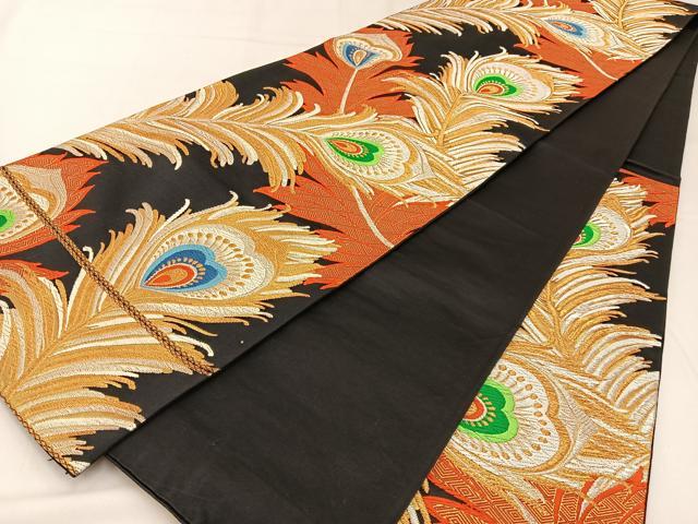 平和屋着物◎六通柄袋帯　唐織　孔雀羽　黒地　金銀糸　正絹　逸品　BAAW9469hj