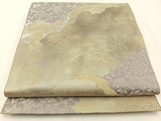 平和屋着物◎六通柄袋帯 はく錦 道長草花文 金銀糸 引箔 正絹 逸品 未使用 BAAW9471hj
