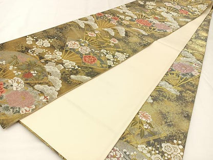 平和屋着物◎六通柄袋帯 唐織 扇面花文 金銀糸 引箔 正絹 逸品 BAAW9476hj