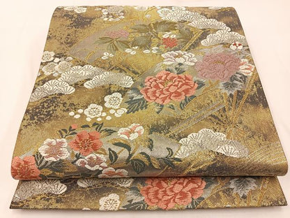 平和屋着物◎六通柄袋帯 唐織 扇面花文 金銀糸 引箔 正絹 逸品 BAAW9476hj