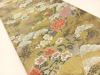 平和屋着物◎六通柄袋帯 唐織 扇面花文 金銀糸 引箔 正絹 逸品 BAAW9476hj