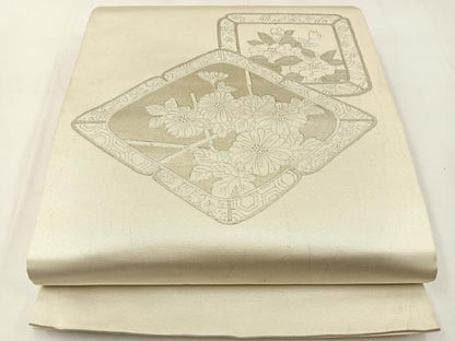 平和屋着物◎太鼓柄袋帯 草花文 銀糸 正絹 逸品 BAAW9483hj