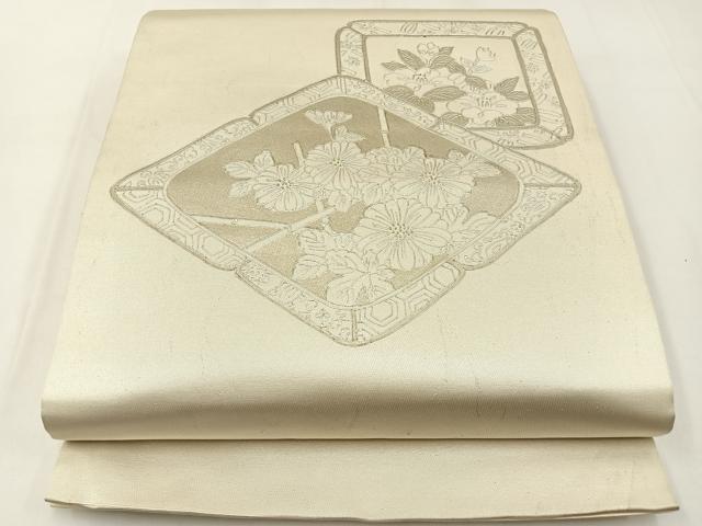 平和屋着物◎太鼓柄袋帯 草花文 銀糸 正絹 逸品 BAAW9483hj