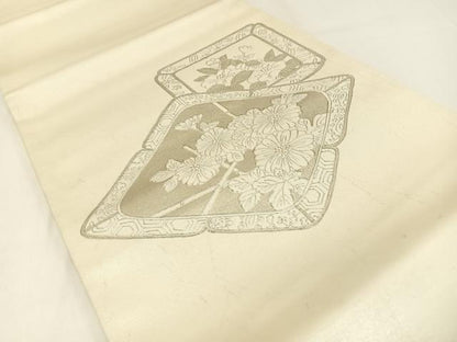 平和屋着物◎太鼓柄袋帯 草花文 銀糸 正絹 逸品 BAAW9483hj