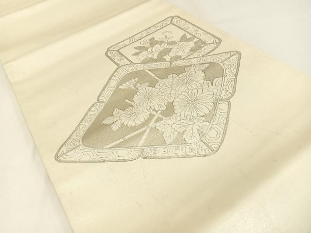 平和屋着物◎太鼓柄袋帯 草花文 銀糸 正絹 逸品 BAAW9483hj