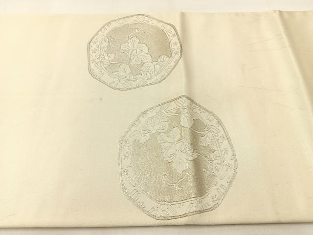 平和屋着物◎太鼓柄袋帯 草花文 銀糸 正絹 逸品 BAAW9483hj