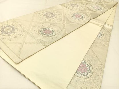 平和屋着物◎六通柄袋帯　唐織　正倉院花文　銀糸　正絹　逸品　BAAW9485hj