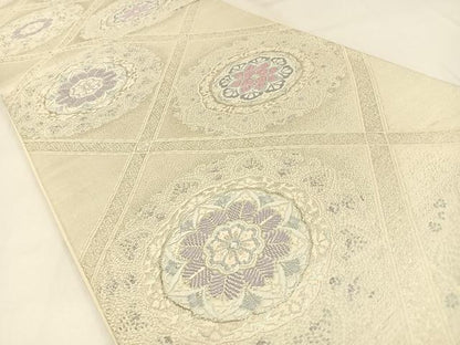 平和屋着物◎六通柄袋帯　唐織　正倉院花文　銀糸　正絹　逸品　BAAW9485hj