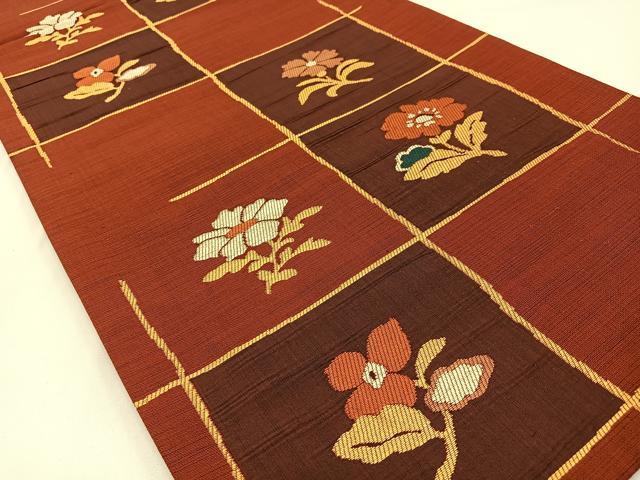 平和屋着物◎六通柄袋帯 紬地 草花文 正絹 逸品 BAAW9491hj