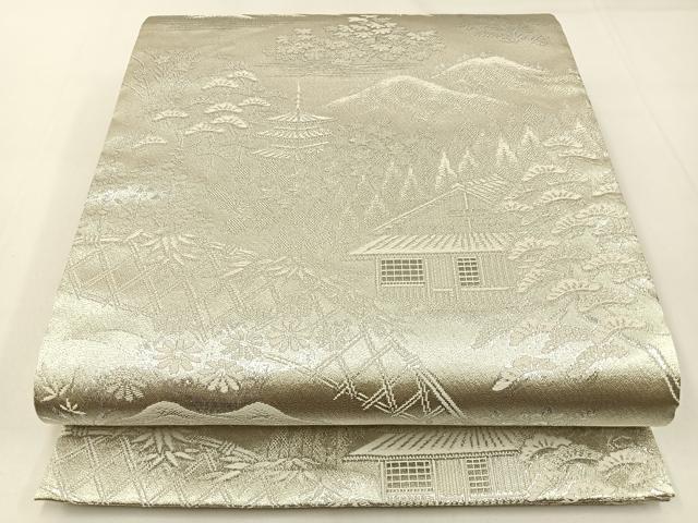 平和屋着物◎六通柄袋帯　唐織　風景文　プラチナ銀箔二重織　正絹　逸品　BAAW9496hj