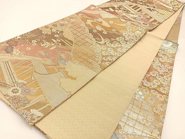 平和屋着物◎佐賀錦 六通柄袋帯 飛鶴風景花文 金銀糸 正絹 逸品 BAAW9497hj