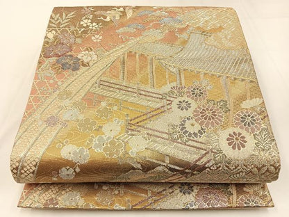平和屋着物◎佐賀錦 六通柄袋帯 飛鶴風景花文 金銀糸 正絹 逸品 BAAW9497hj