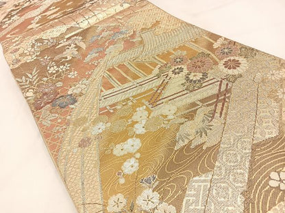 平和屋着物◎佐賀錦 六通柄袋帯 飛鶴風景花文 金銀糸 正絹 逸品 BAAW9497hj