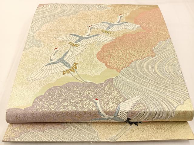 平和屋着物◎六通柄袋帯　唐織　翔鶴瑞雲文様　金銀糸　正絹　逸品　BAAW9502hj