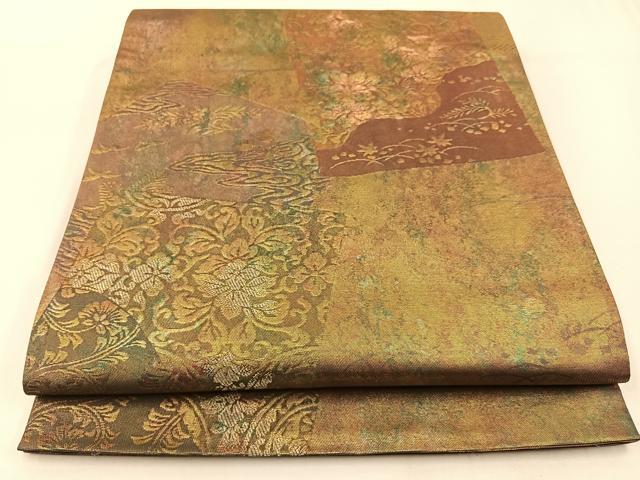 平和屋着物◎六通柄袋帯　色紙取錦秀文　金糸　引箔　正絹　逸品　BAAW9503hj