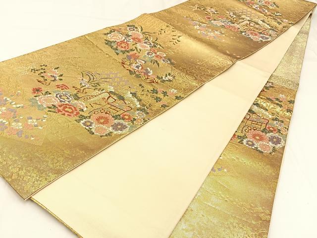 平和屋着物◎六通柄袋帯　唐織　御所車花鳥文　金糸　引箔　正絹　逸品　BAAW9505hj
