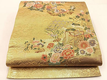 平和屋着物◎六通柄袋帯　唐織　御所車花鳥文　金糸　引箔　正絹　逸品　BAAW9505hj