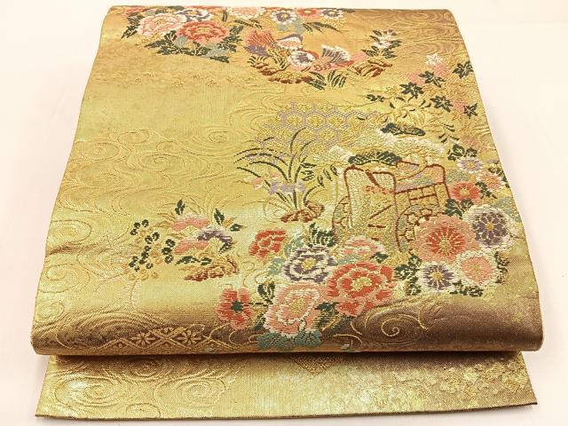 平和屋着物◎六通柄袋帯　唐織　御所車花鳥文　金糸　引箔　正絹　逸品　BAAW9505hj