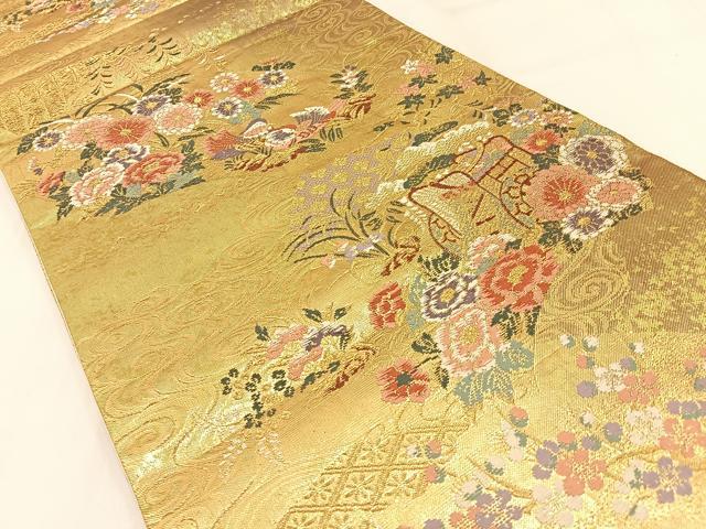 平和屋着物◎六通柄袋帯　唐織　御所車花鳥文　金糸　引箔　正絹　逸品　BAAW9505hj